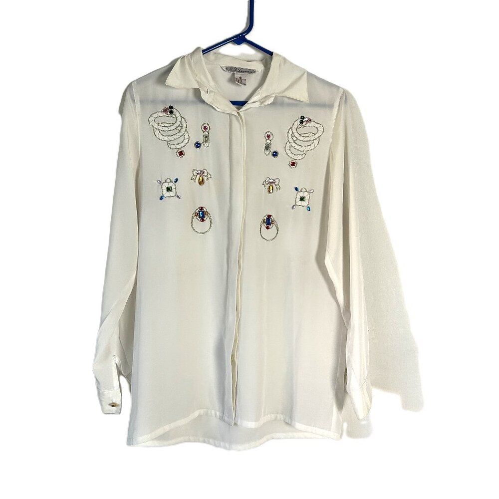 0364 K. B. Lawrence Embroidered and Jeweled Button Blouse 10 Vintage